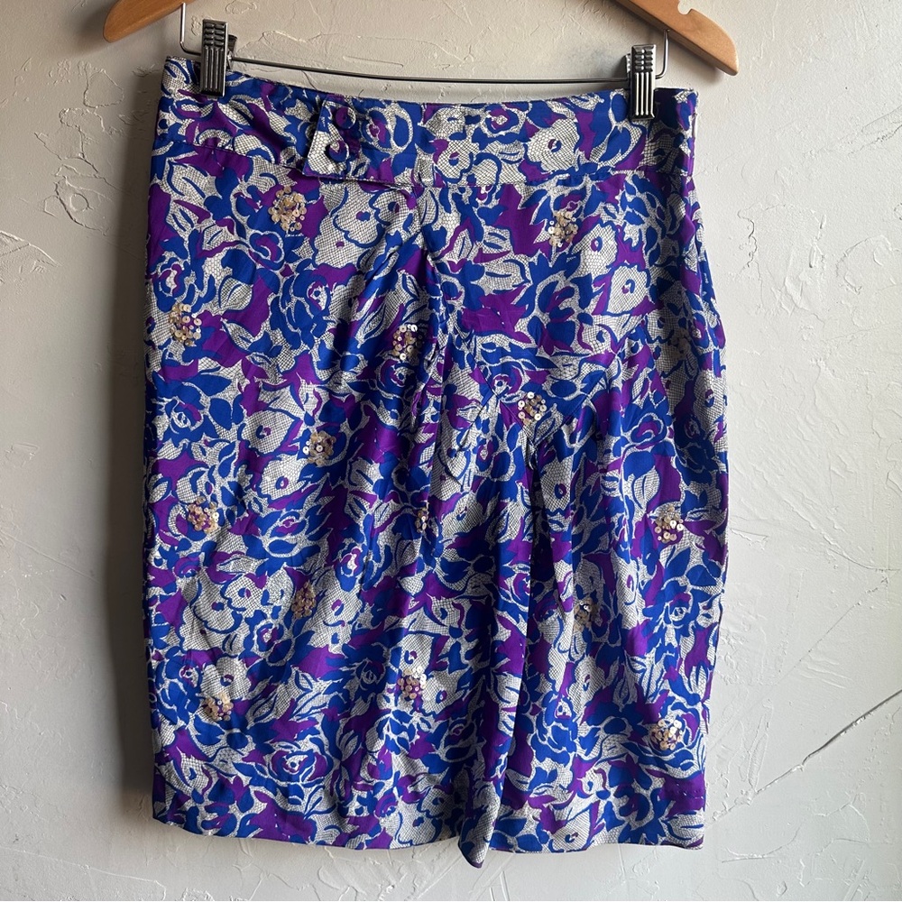 Fei Purple Blue Floral Sequin Skirt Y2K Retro Glam Silk Sz 8 Pencil‎ Skirt